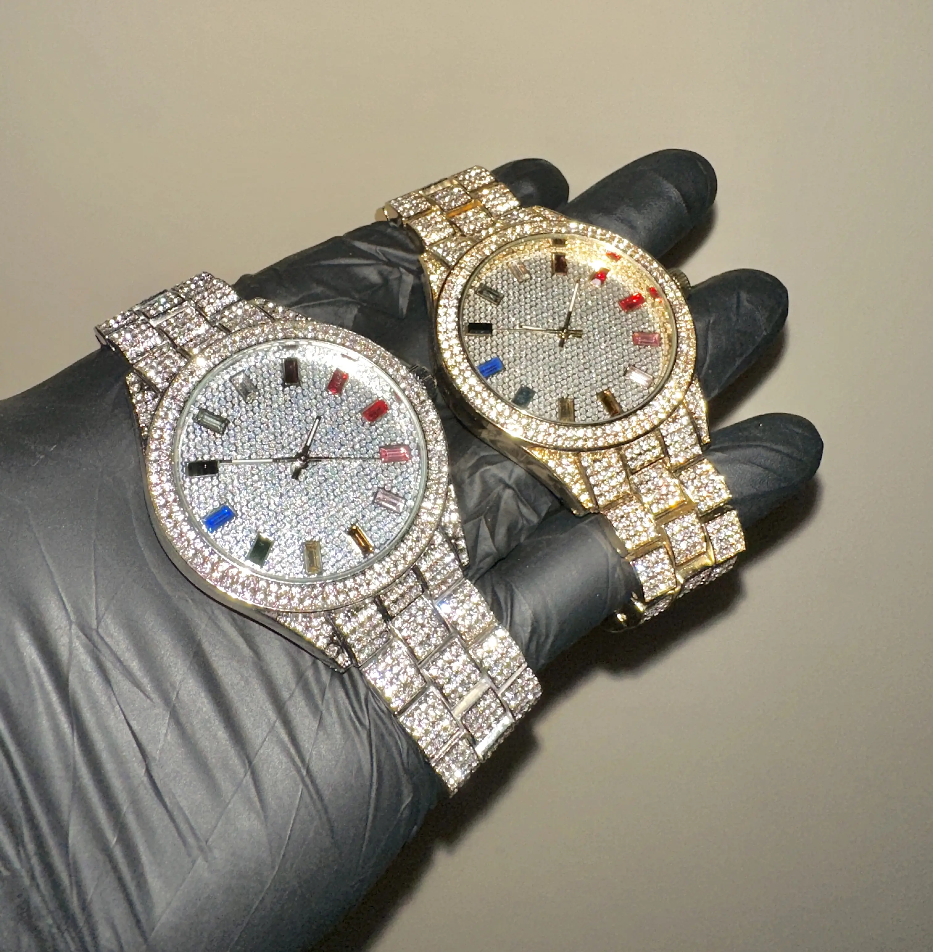 18k Gold/White Gold Rainbow Baguette Diamond Dial Iced-Out Diamond Luxury Hiphop Watch
