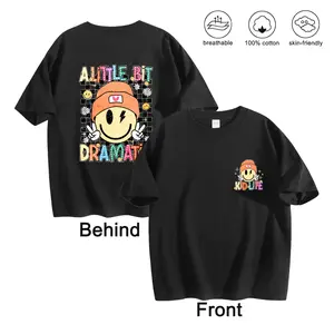 Black T Shirt With Mickey Mouse Print And Text A Little Bit Dramatic Double Side Print Crew Neck Short Casual Soft Cute Spring And Summer Everyday Casual Wear Vacation Outfit Girls Favorite Tween Girl Clothes