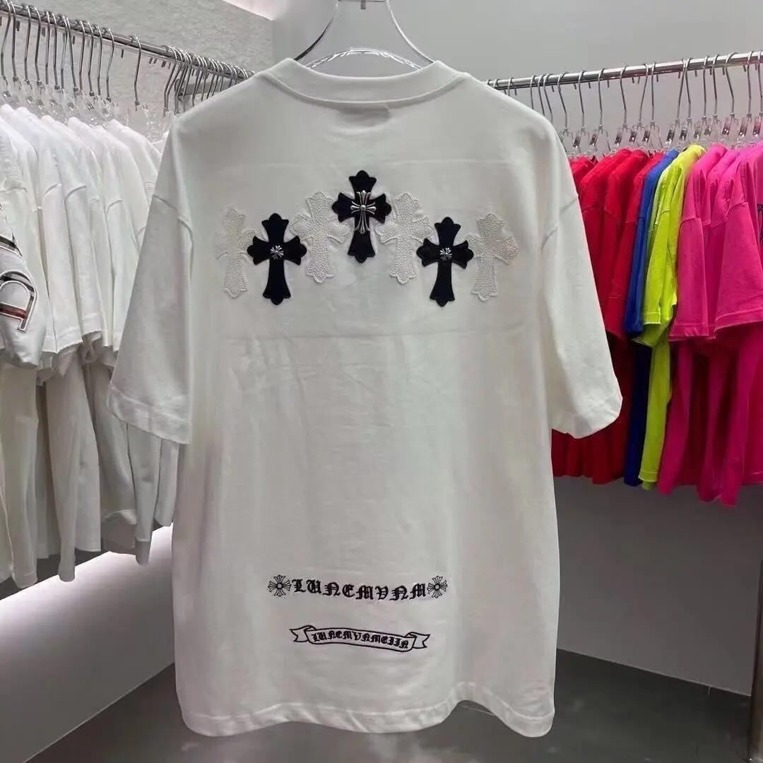 Gothic Cross Patch Short Sleeve T‑Shirt Loose Fit Solid White Streetwear Casual Top