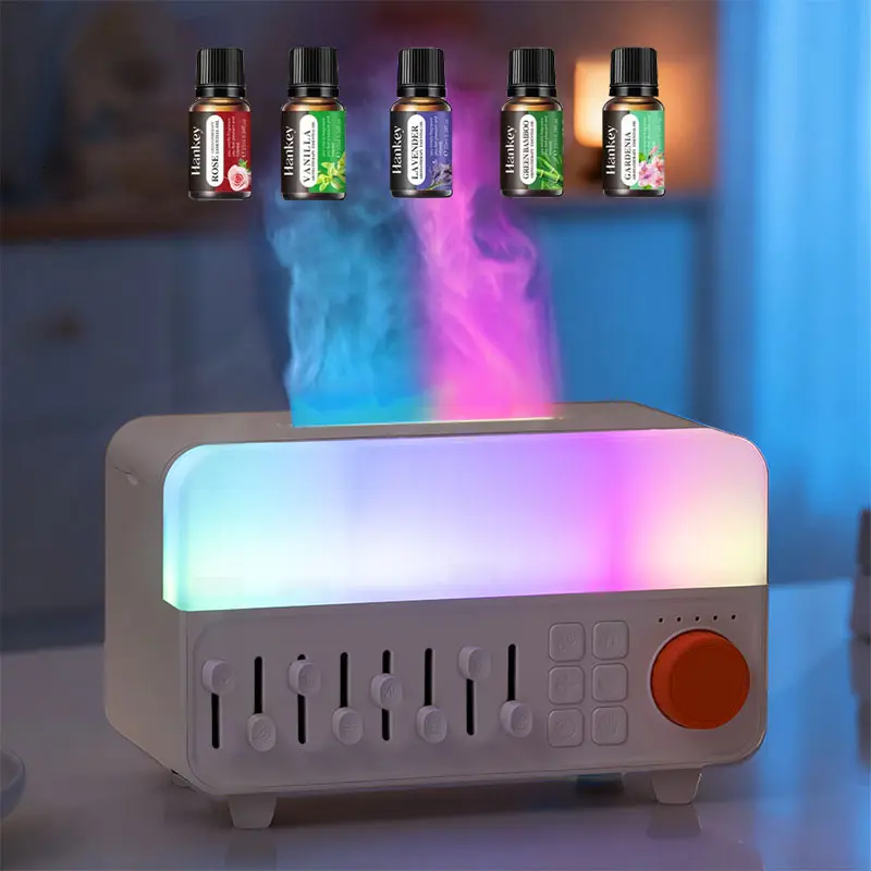 White noise humidifier, raindrop aroma diffuser, 8 soothing sounds, USB powered, timer function, night light. Bluetooth-connected portable speaker, suitable for home, office, bedroom, and travel. Includes five essential oils.