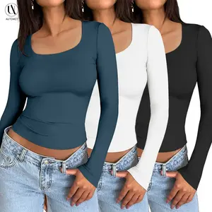 Women's 3-piece long sleeved crop top slim and fashionable basic layered shirt hazy blue white black minimalist casual Korean daily women's shorts - Xia Chun statementRAIMENTRY