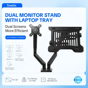 DUAL MONITOR STAND WITH LAPTOP TRAY—Gas Spring Arm for 32", 19.8lbs Max, C-Clamp or Grommet, Gaming & Home Office