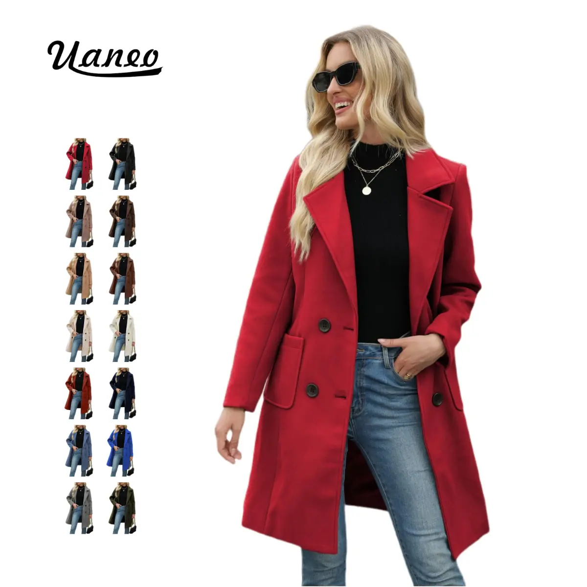 UANEO Women Winter Wool Blend Camel Mid-Long Coat Notch Double-Breasted Lapel Jacket Outwear