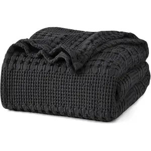 100% Waffle Weave Twin Size, Lightweight Summer Blankets for, Aesthetic Woven for, 66"x90", Black