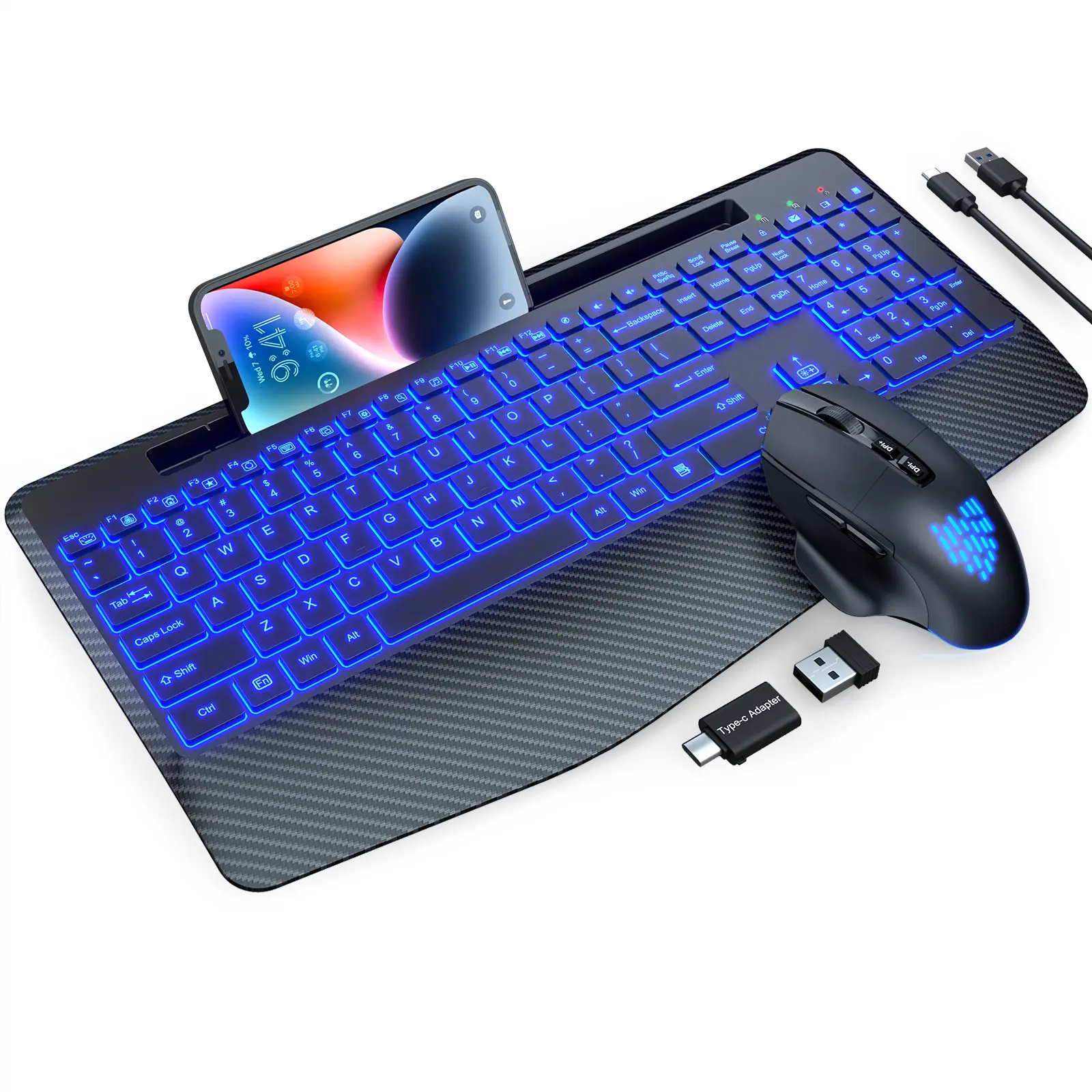 Wireless Keyboard and Mouse Backlits, Wrist Rest, LED Mouse, Rechargeable Ergonomic Keyboard with Phone Holder, Silent Light Up Combo for Computer, Mac, PC, Laptop, Chromebook