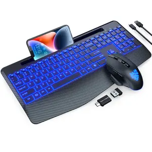 Wireless Keyboard and Mouse Backlits, Wrist Rest, LED Mouse, Rechargeable Ergonomic Keyboard with Phone Holder, Silent Light Up Combo for Computer, Mac, PC, Laptop, Chromebook