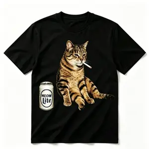 Men's Regular Fit Distressed Vintage Wacky Cat Print Crew Neck Short-Sleeve Cotton T-Shirt - Breathable Stylish Casual Daily Wear Spring Statement Top