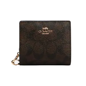 Coach Snap Wallet for Women – Monogram Fold-Over Coated Canvas and Leather Wallet in Dark Brown