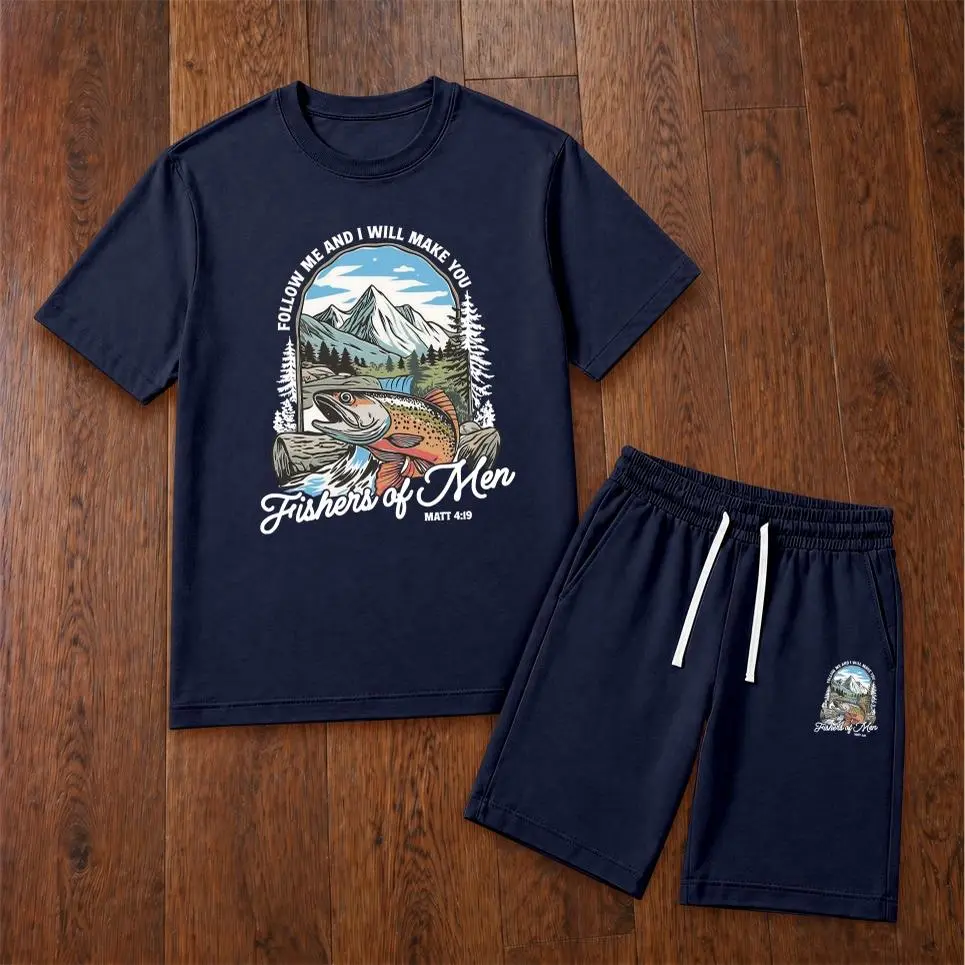 Men’s Matthew's Gospel, Fishing, Fisherman, Religion Printed Casual Short Sleeve T Shirt and Shorts Set, Summer 2 Piece Outfit, Soft Breathable Matching Set with Drawstring Shorts for Beach, Outdoor Activities, Travel, Workout, and Everyday Style