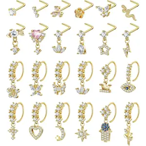 24Pcs 20G Surgical Steel Dangle Nose Ring for Women L Shaped Dangling Nose Stud Dainty Nose Hoop Set CZ Flower Leaf Heart Moon Star Butterfly Dangle Nose Piercing Jewelry