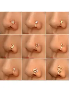 9pcs Nose Ring Jewelry Set, Copper Non-Piercing Nose Rings, U Shape Star Heart Crown Design Clip On Nose Rings with Sparkling Zirconia, Fashion Fake Nose Piercing Jewelry for Women & Girls