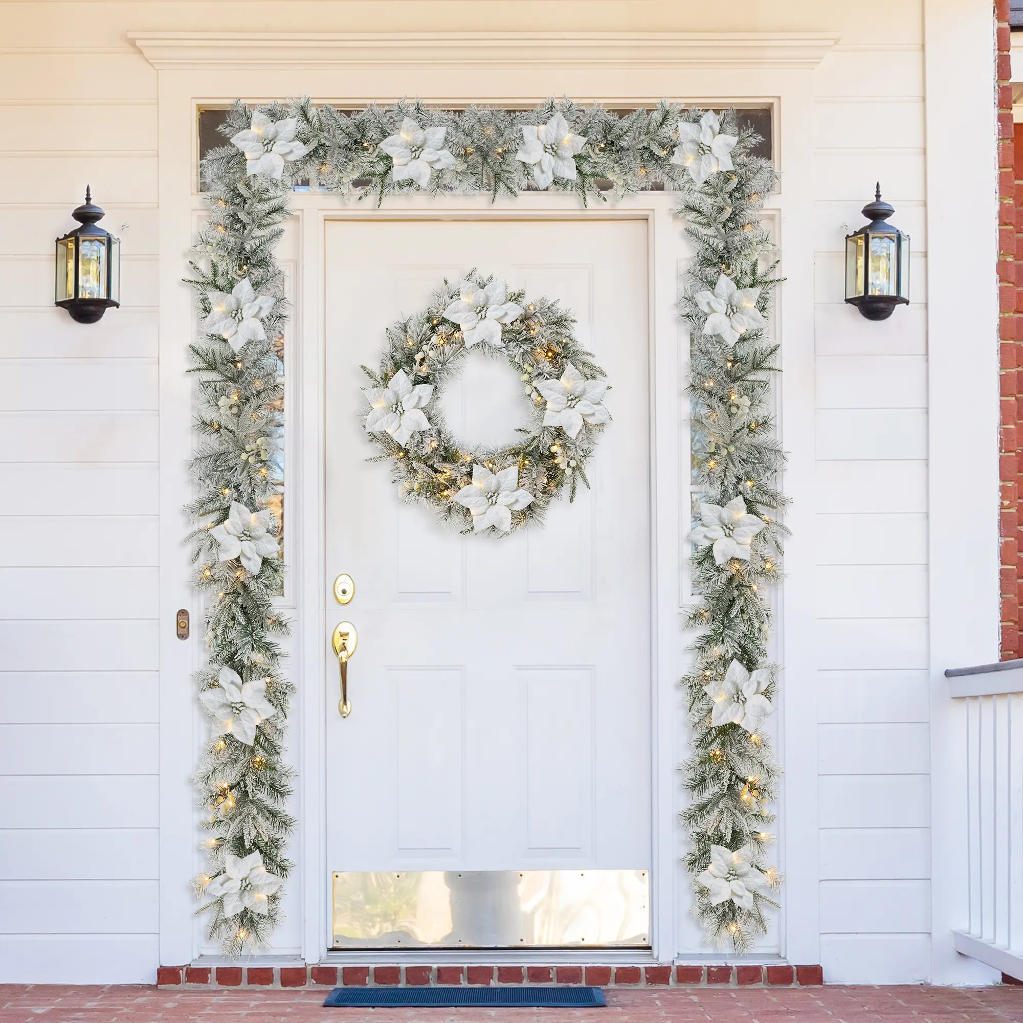 Glitzhome Pre-Lit Artificial Snow Flocked Christmas Wreath or Hanging Garland Decor Set - LED Lights, Timer Function, Pre-Lit LEDs, Easy Cleaning Festive Home Decoration, Irregular