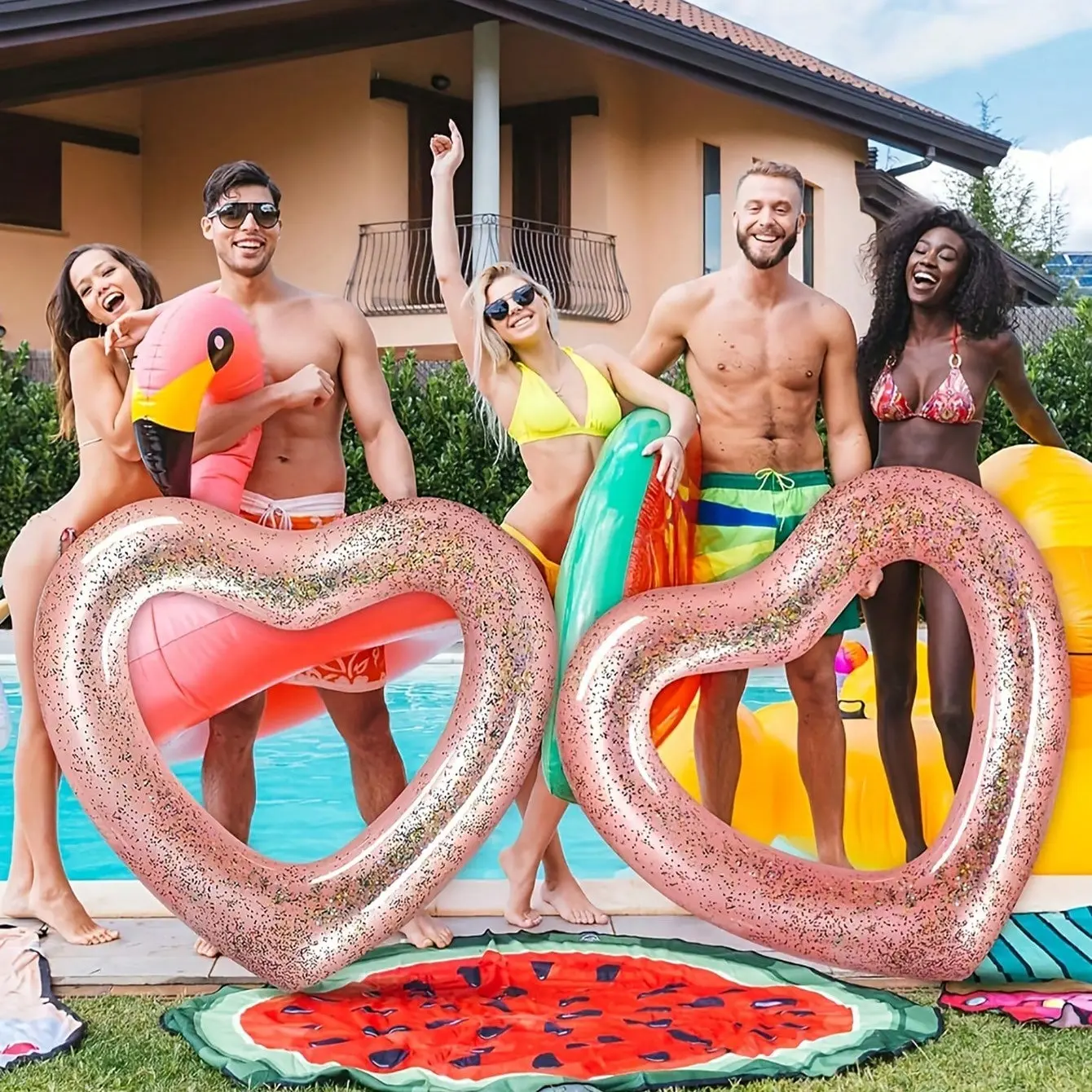 Heart Sequined Swim Ring, Adult Inflatable Life Buoy, Pool Party Game Accessory, Summer Swimming Float Bed, Inflatable Water