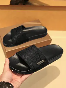 Men's Luxury Black Glitter Monogram Jacquard Slide Slippers, High‑End Designer One‑Strap Casual Sandals, Non‑Slip Thick Soft Sole Slides for Summer Indoor Outdoor Daily Commute Wear