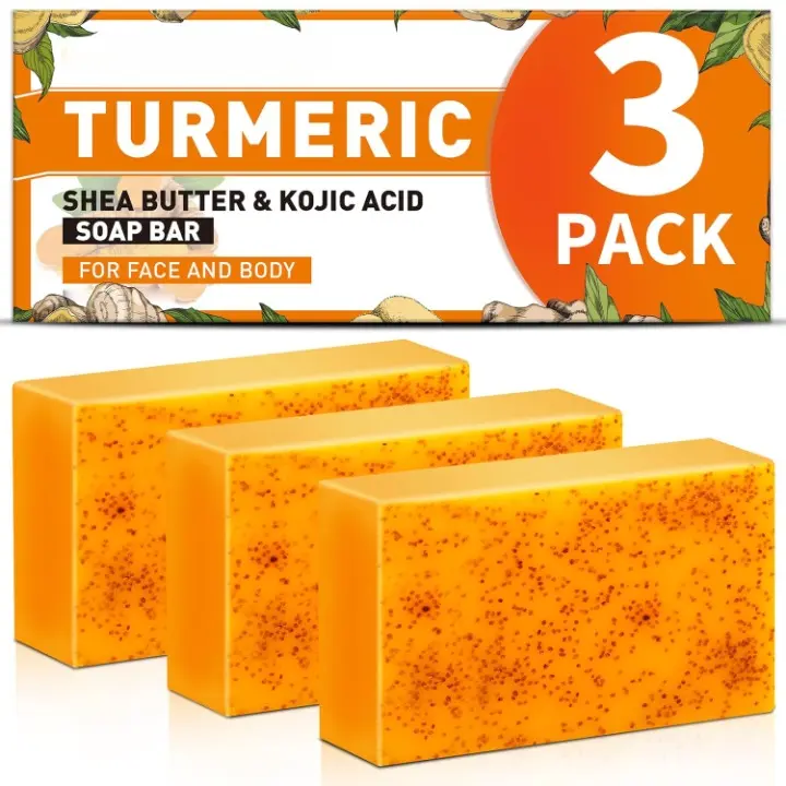 Turmeric & Kojic Acid Soap Bars, 3-Pack (60g) - Hydrating Daily Cleanser for Face & Body, Dark Spot & Acne Treatment for Adults