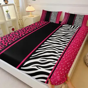 Hot Pink Leopard & Zebra Print Fitted Sheet Set, Include One Bedskirt and Two Pillowcases, Black Pink Colorful Printed Bed Cover, Non-Slip Design, Suitable for All Seasons