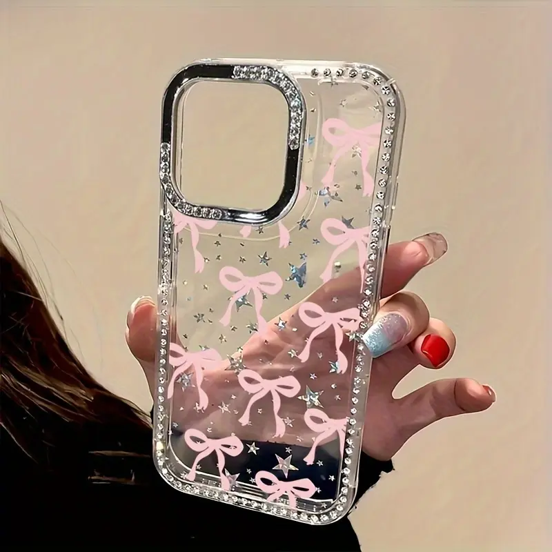Hard Shell Smartphone Casing Protector for 11-17 Series (Standard, Pro, Pro Max) - Dual Layer Shockproof Drop Protection, Soft Silicone Cushion Tech, Rhinestone Star Border, Heart-Shaped Bow, Tropical Aesthetic Cellphone Accessories