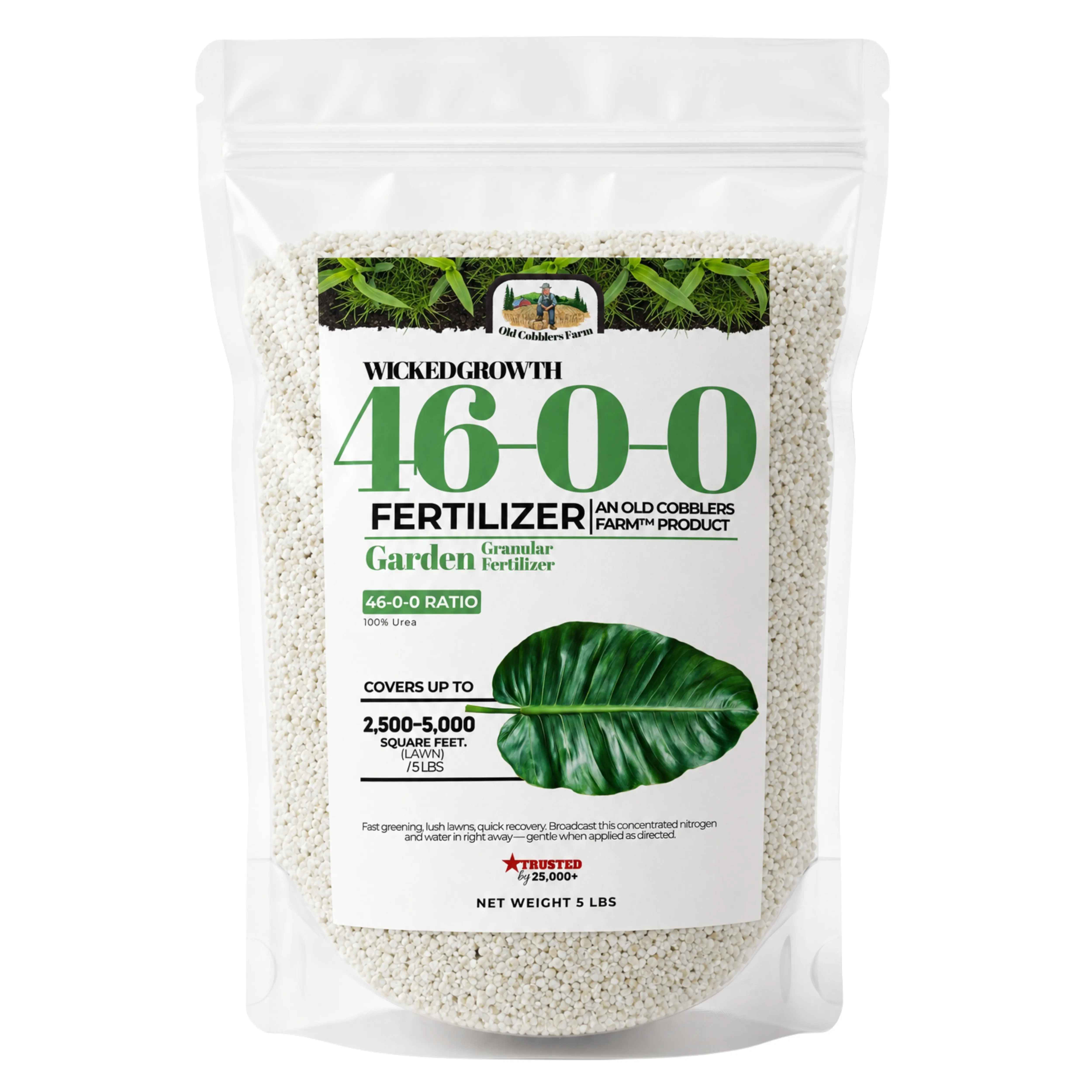 Old Cobblers Farm Wicked Growth 46-0-0 Fertilizer, 46 Percent Pure Nitrogen Granular Plant Food for Lawn Green Up, Turf, Leafy Greens and Crops, Phosphorus Free High Nitrogen Feed for Spreader or Foliar Use, 5 lb