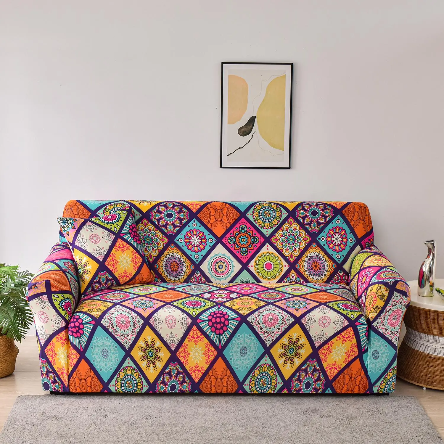Bohemian Style Printed Stretch Sofa Cover with 1 Count Pillowcase, 1 Count Soft Comfortable Sofa Slip Cover Protector, Elastic Sofa Slipcover, Sofa Protector for Home Decor Living Room, Stretch Couch Covers for Sofa