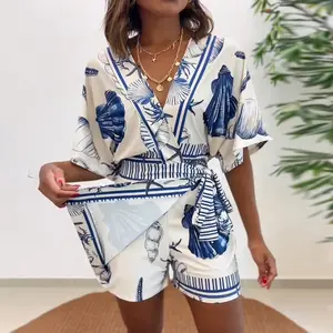 ChicMe Women's Starfish & Seashell Print Overlap V Neck Half Sleeve Wrap Knot Side Romper Casual Stretchy Back Waist Vacation Romper