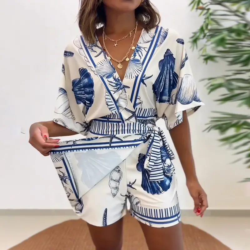 CHICME Women's Starfish & Seashell Print Overalls - Overlap V-Neck, Half-Sleeve, Wrap Knot Side, Mermaidcore, Stretchy Back Waist, Cool Airy Sleeves Vacation Rompers, Women's Clothing Jumpsuits
