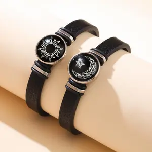 Glow-in-Dark Sun Moon Matching Couple Bracelet Set, Adjustable Leather Rope Pendant Jewelry, Romantic Long-Distance Relationship Gift for Men & Women