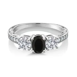 Gem Stone King 10K White Gold Black Onyx and Lab Grown Diamond Engagement Ring For Women | 1.82 Cttw | Oval 7X5MM | Gemstone December Birthstone