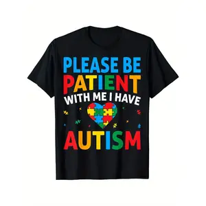 Men's 100% Cotton Round Neck Short-Sleeve Graphic Print Autism Awareness Puzzle Heart Tee, S-XXXL, Menswear Tops for Men