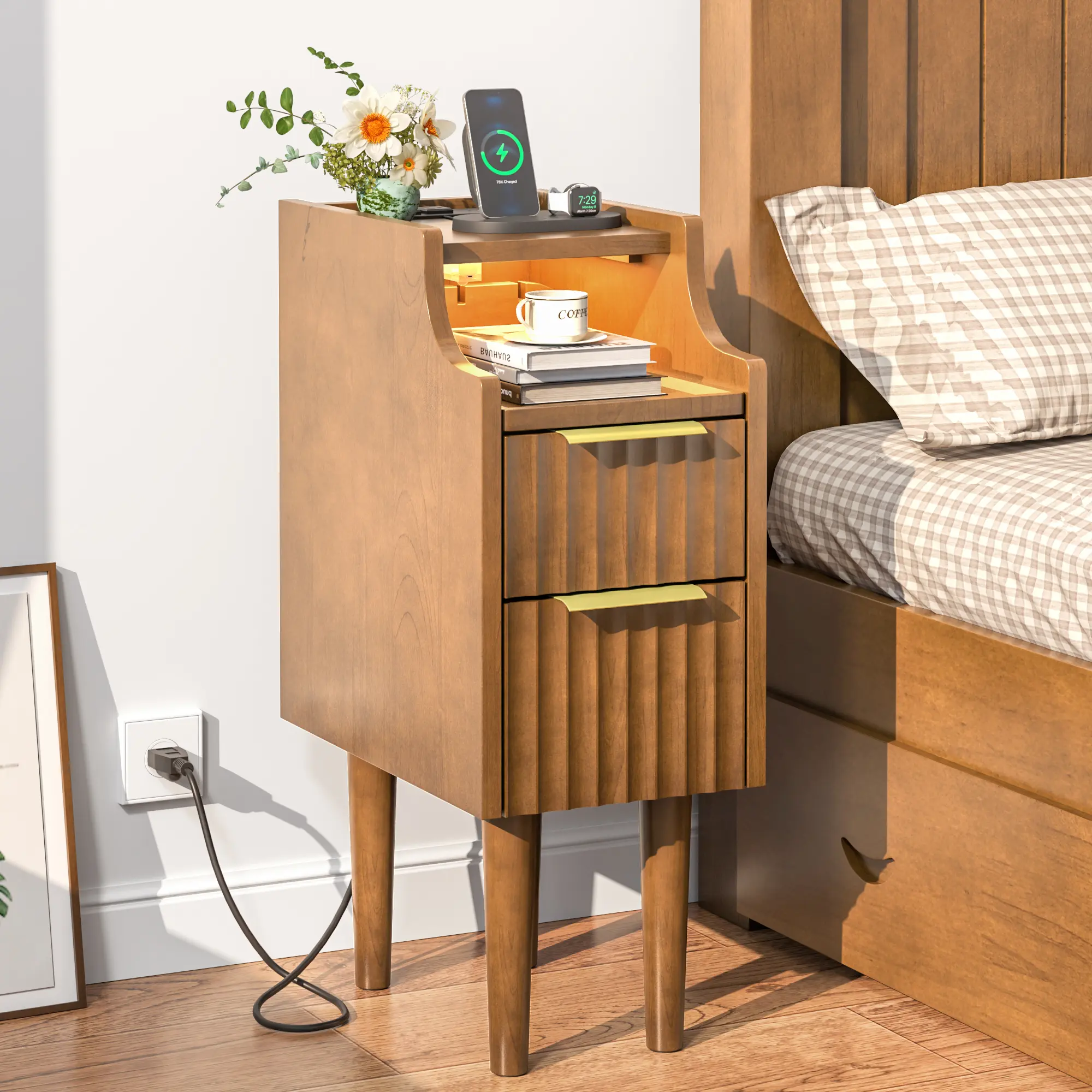 CocoHouse 10in Mid-Century Modern Fluted Narrow Nightstand - Solid Wood, 2 Hidden Storage Drawers, Charging Station Bedside Table, Open Shelf, 2 AC Outlets, Magnetic LED Light, Assembly Required - Mini Apartment Size Mod Retro Vintage Bedroom Furniture