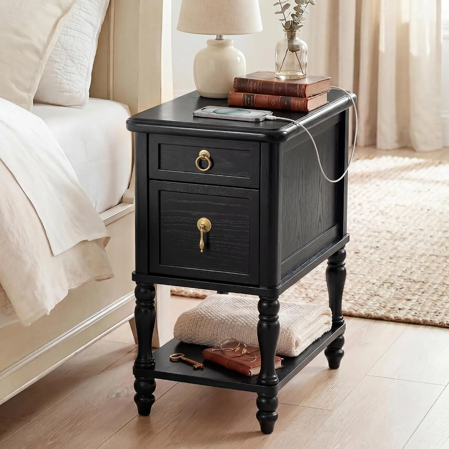Solid Wood Nightstand w/Charging Station & 2 Drawers,Pre-Assembled, Mid Century Narrow Bedside Table w/Oppen Shelf, Vintage End Table w/Antique-Finished Pulls, Spindle Legs for Bedroom, Black