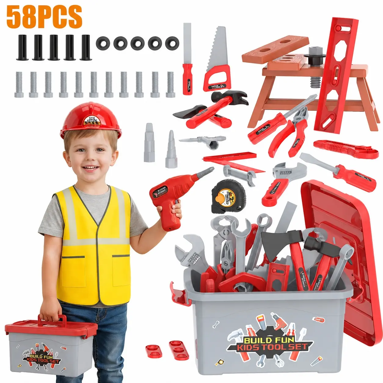 58-Piece Kids Tool Set with Storage Toolbox, Pretend Play Construction Toy Kit with Toy Drill, Vest, Helmet & Stickers, Builder Role Play Gift for Boys and Girls