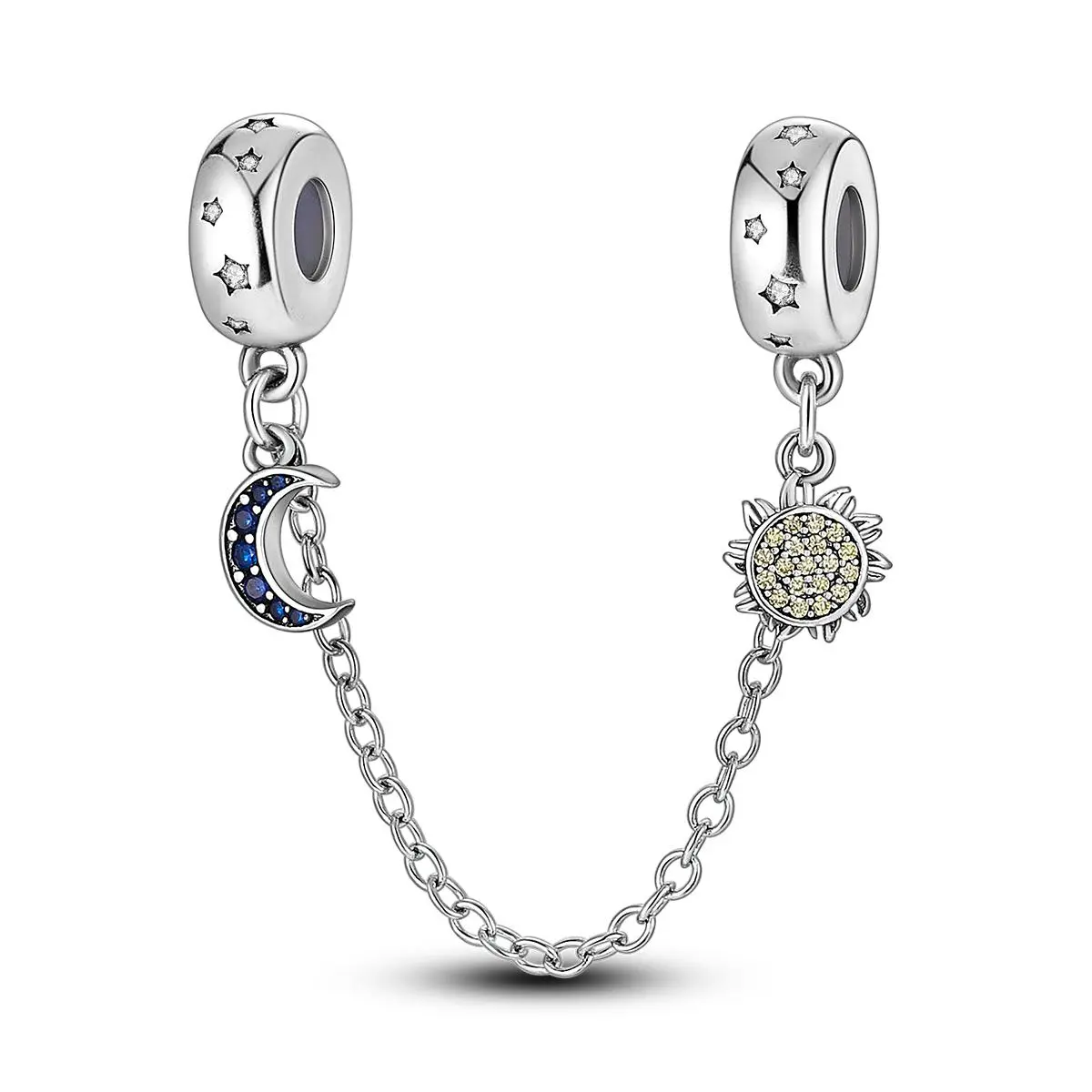 MULA 925 Silver Plated Star and Moon Safety Chain Charm with Sparkling Zircon, Sky-Themed Pendant Jewelry for Women and Girls, Romantic Gift for Star Lovers, Compatible with Pandora Bracelets and Necklaces