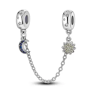 MULA 925 silver-plated star and moon safety chain | Shining zircon | Sky-themed design | Compatible with Pandora bracelets and necklaces |  An ideal gift for romantic star lovers