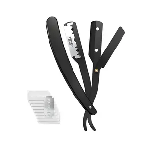 Professional Men's Straight Razor Kit, Equipped with Neck Brush and 10 Double-Edged Blades, Great for Barbershops, Father's Day & Daily Gifts