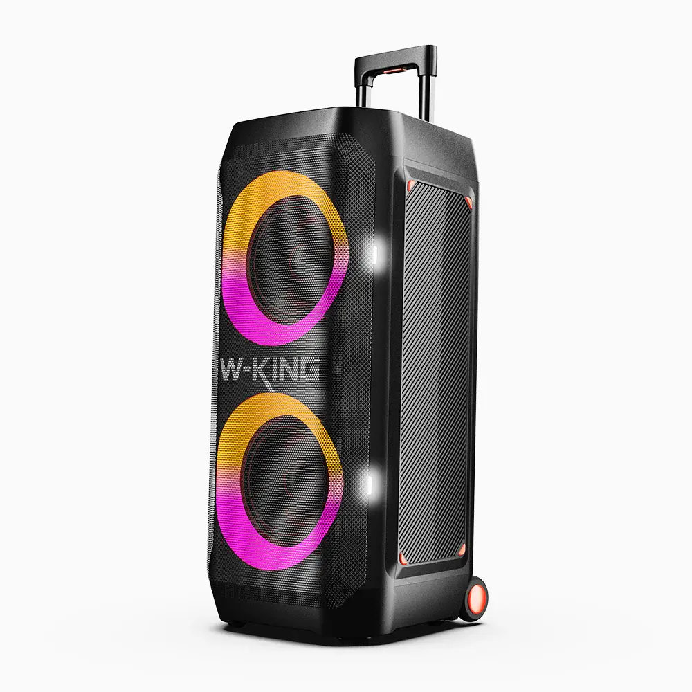 W-KING 370W Portable Bluetooth Audio Speaker with Dual Woofers, Wheels, Handle, and Guitar Input