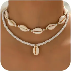 Handmade Sea Shell Necklace for Women Summer Adjustable Natural Shell Collar Necklace (Beige Braided Rope)