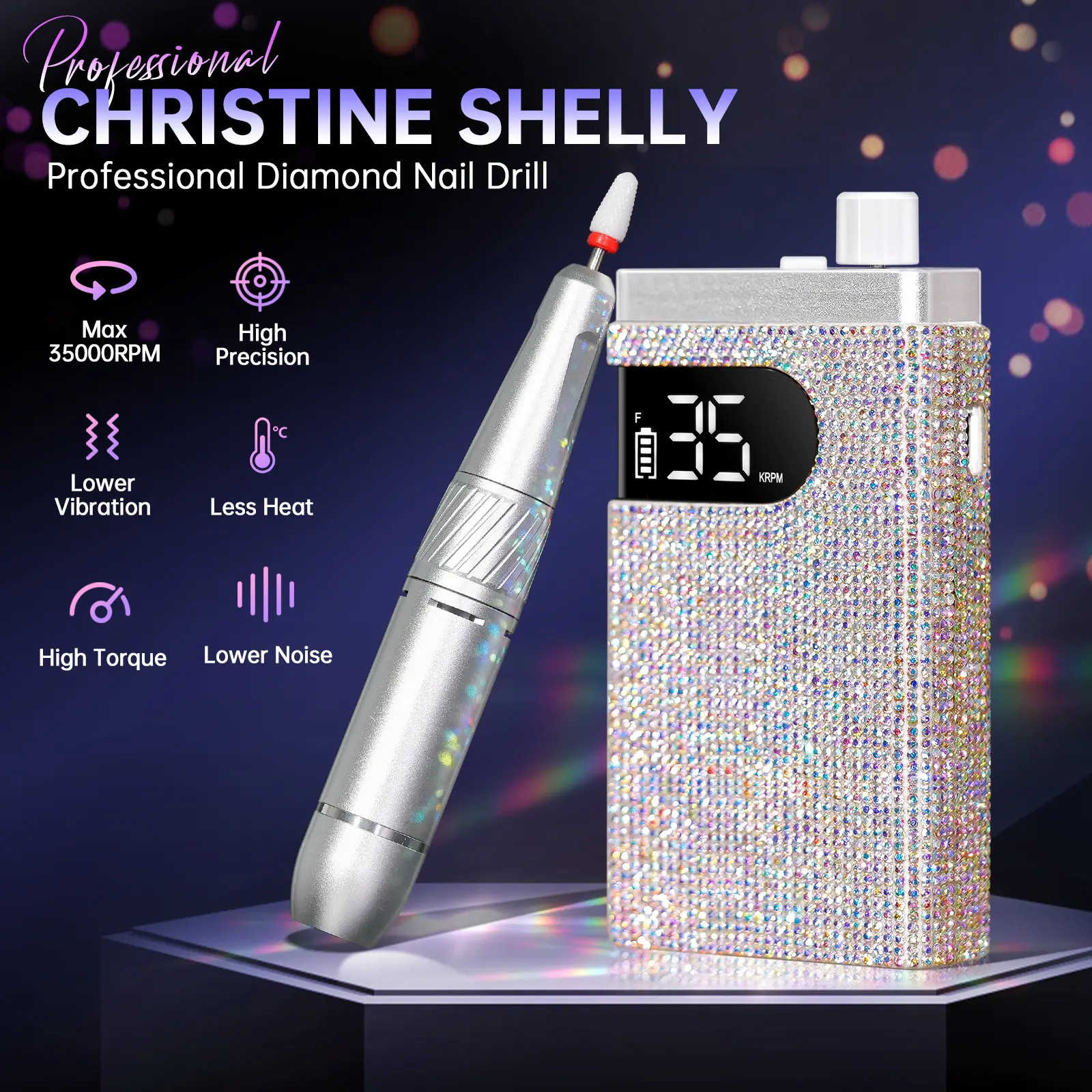 Rechargeable 35000RPM Cordless Nail Drill With 12 Bits and Sanding Bands,Sparkling Portable Electric E File for Acrylic Gel Nails,Professional Nail Tools for Manicure Pedicure