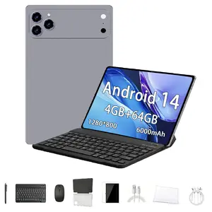 Android tablet 2-in-1, 10.1-inch display, Android 14 operating system, 64 GB storage, 4 GB RAM, includes keyboard, protective case, mouse, and stylus pen, 6000 mAh battery, front and rear cameras, supports Wi‑Fi, 1280×800 IPS high-definition display