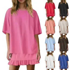 Harkapy Women Oversized T Shirt And Ruffle Hem Skirt Two Piece Set Soft Breathable Fabric Elastic Waist Casual Outfit Suitable For Home Relaxation Daily Wear Outdoor Walks Beach Trips