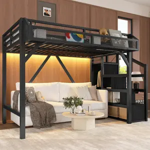Twin XL Loft Bed Frame with Storage Stairs, Shelves and Built-in Wardrobe, Heavy-Duty Metal Loft Bed Frame with USB Ports and LED Lights, Noise-Free, Black