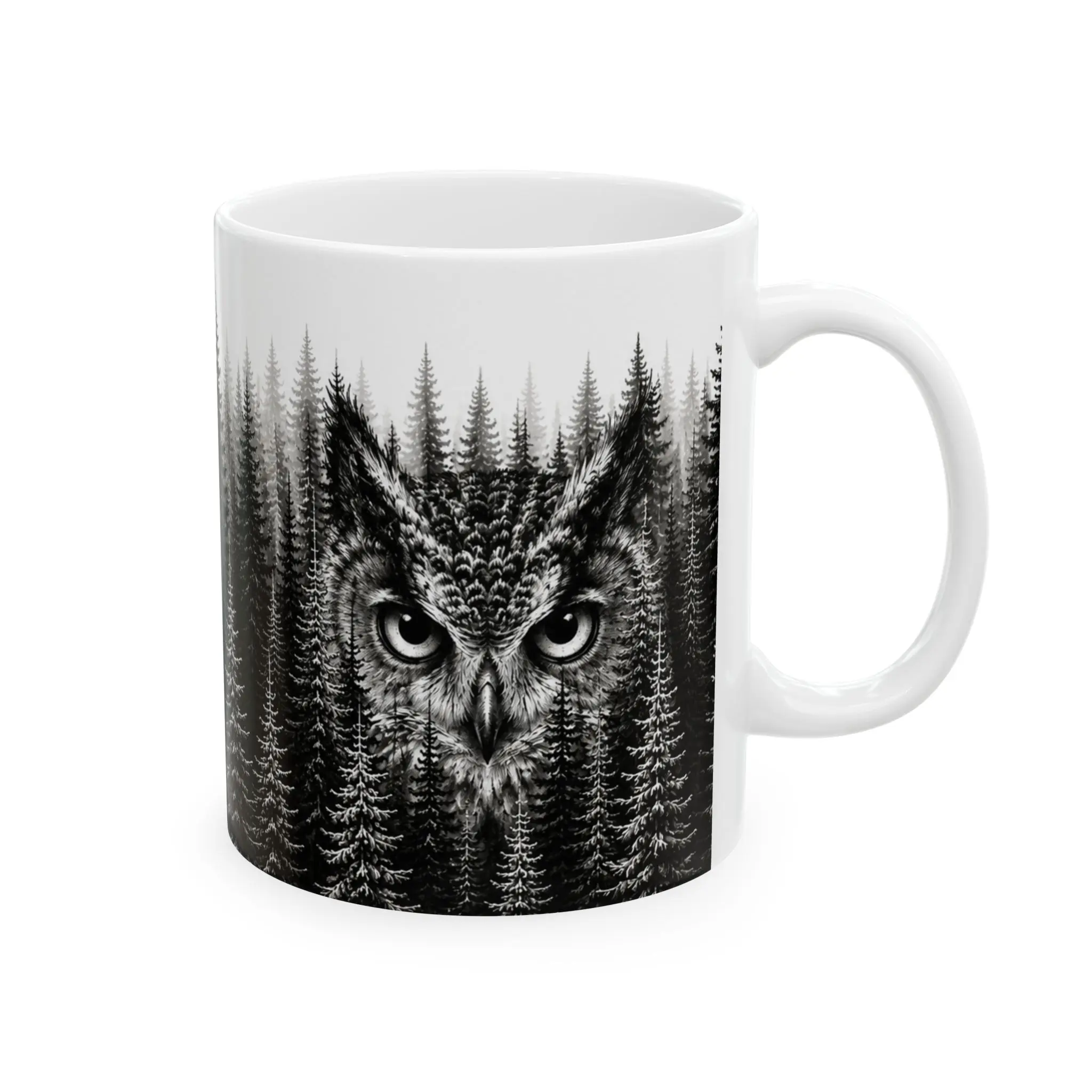 Owl Forest Coffee Mug | Black & White Woodland Ceramic Mug | Rustic Cabin Decor | Nature Lover Gift | 11oz