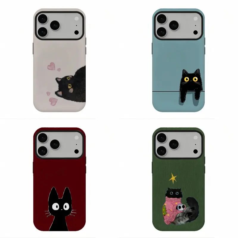 Cute Black Cat Aesthetic Hybrid Polycarbonate Mobile Phone Case - 360-Degree Crash-Proof, Anti-Skid Protective Cover, Compatible with iPhone 17-11 & Samsung S26-S21, Ideal Gift for Cat Lovers