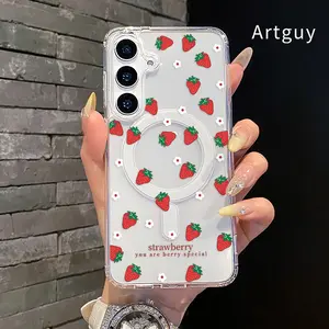 Strawberry Reverie Pattern Magnetic Phone Case for  Samsung GalaxyS26  S23 Ultra S24 Plus FE S25 S22+ Non-Yellowing Clear Crystal Drop-proof Slim Silicone Shockproof Transparent Acrylic Large Hole Cover Supports Wireless Charging