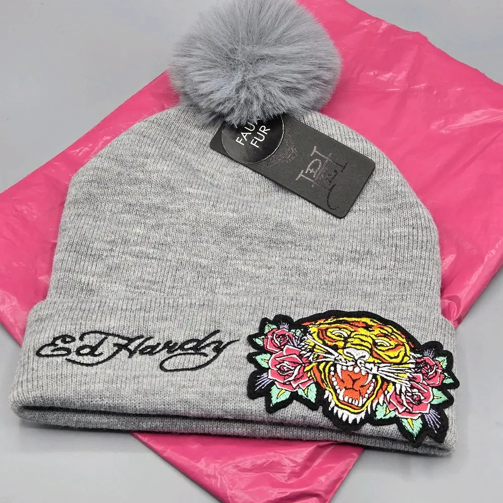 Ed Hardy Women's Grey and Multicolor Hat, stretch, with pom pom on the top