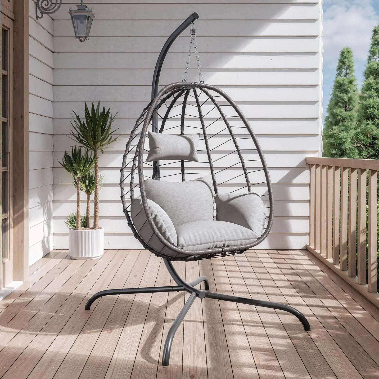 [1 Packge Shipping] Gotland Foldable Wicker Rattan Egg Hanging Chair With Stand 485lb Capacity Tool Free Folding High Resilience Sponge Cushion For Patio Balcony Bedroom
