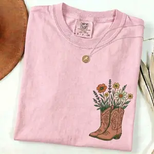Comfort Colors Cowgirl Boots Wildflowers Shirt, Retro Western Graphic Tee, Comfort Colors Country Girl T-Shirt, Rodeo Outfit, Gift for Her, Country Farm