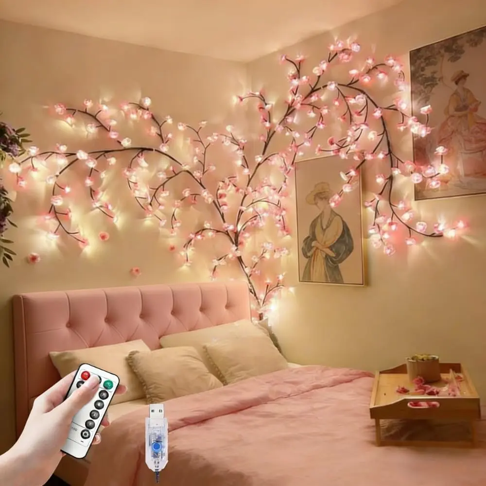 Cherry Blossom Lights for Bedroom Wall Decorations,4 FT 48 LED Cherry Blossom Decor,2026 New Dimmable Light-Up Pink Bedroom Decor with Remote Timer,8 Lighting Modes