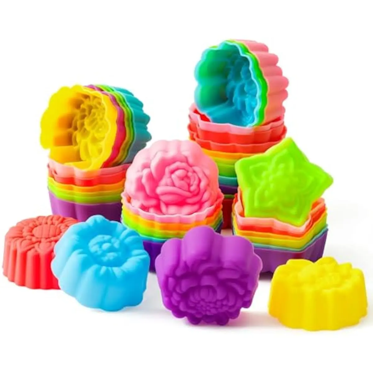 42 Pack Silicone Molds Cupcake 2 Inch Mini Size Multi Flower-Shaped Baking Cups Non-Stick Donut Wrapper Mold Muffin Liners Washable for Desserts Ice Creams Puddings Donut Supply Party