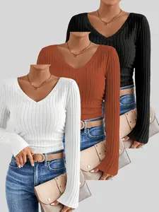 Women's V Neck Fashion New Style Plus Size Spring & Fall T-Shirt Set, Three-Piece Casual Wear, Comfortable Fit, Moderate Fabric Thickness