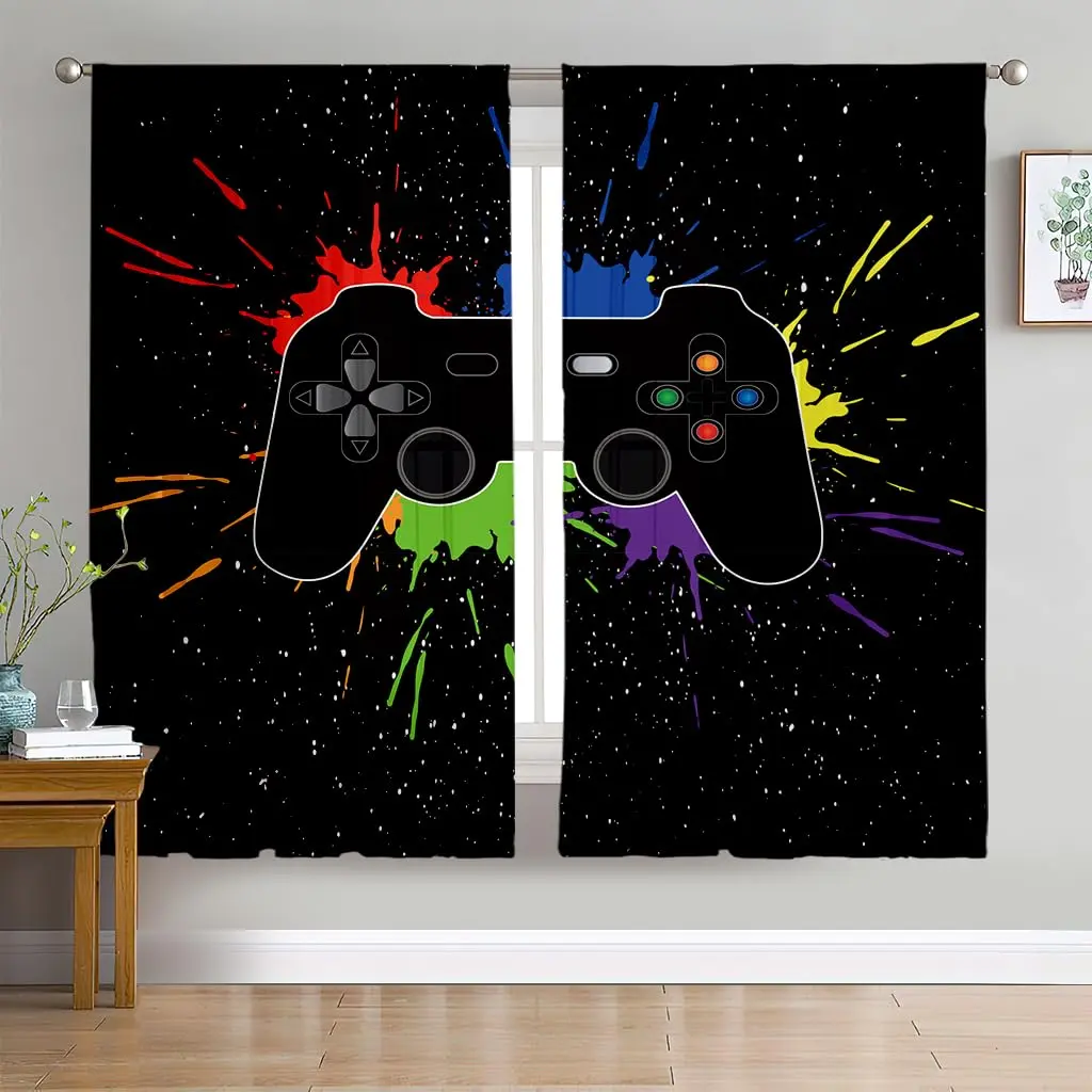 2 Piece Game Controller Print Curtains, Window Curtain, Window Hanging, Room Decor Curtain, Home Decoration Curtain, 100% Polyester Fiber, Ideal for Kids Bedroom Playroom, Two-Piece Set